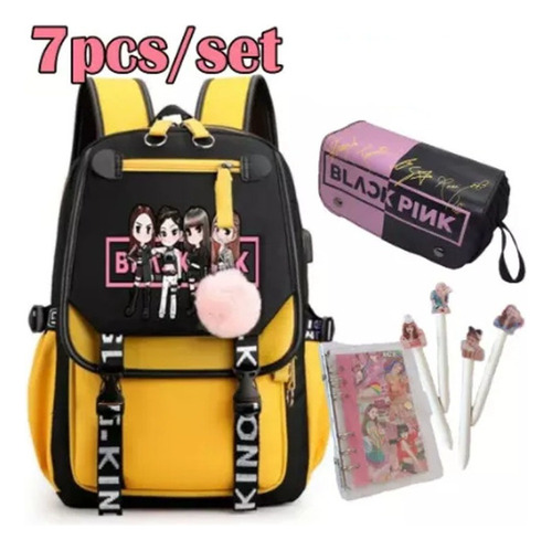 Mochila Blackpink Kpop Juvenil Coreana Con Bolígrafo 7 Pieza