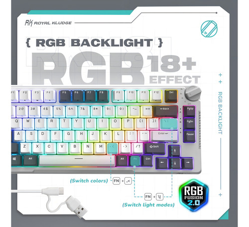 Teclado gamer bluetooth Royal Kludge QWERTY RK Cyan color blanco con luz RGB
