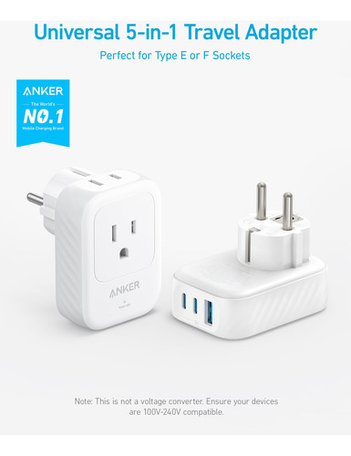 Adaptador De Tomada De Viagem Anker European Type E/f 15w Us