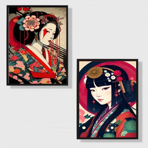 Kit 2 Quadros Arte Oriental Geishas 45x34cm