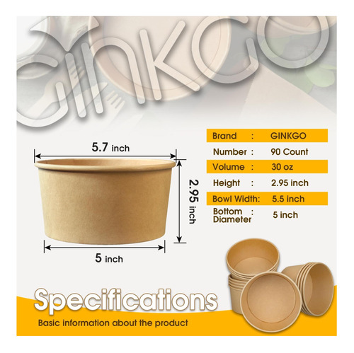 Ginkgo: 90 Tazones De Papel Extra Grandes, 30 Oz C/u