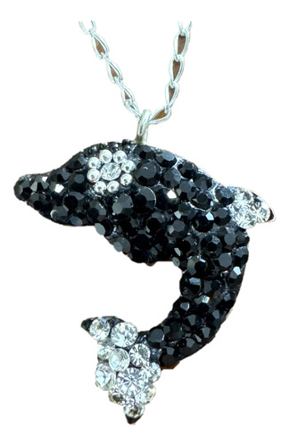 Collar Delfin Plata 925 Con Cristales Negro