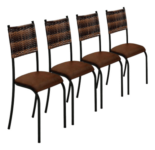 Conjunto Kit 4 Cadeiras Metal Junco Almofada Cozinha Lazer Cor da estrutura da cadeira Preto Cor do assento Marrom Desenho do tecido Liso