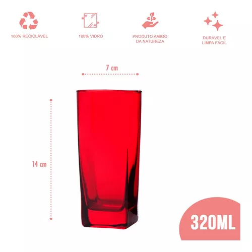 Jogo De Copos Chiques Vidro Quadrado 320ml Vermelho Luxo