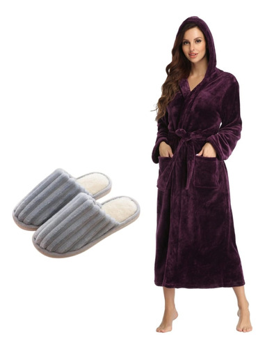 Albornoz Bata Con Capucha + Pantuflas Mujer Invierno