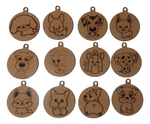 12 Esferas Navideñas Perritos Mdf 3mm 8.5cm Diametro