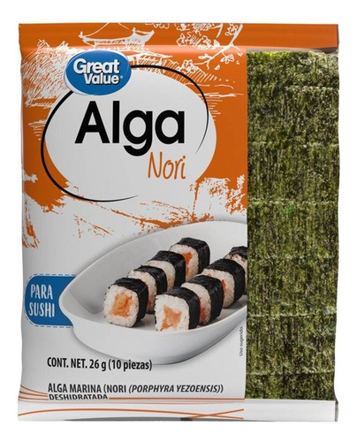 Alga Marina Great Value Nori Deshidratada Para Sushi 26 G