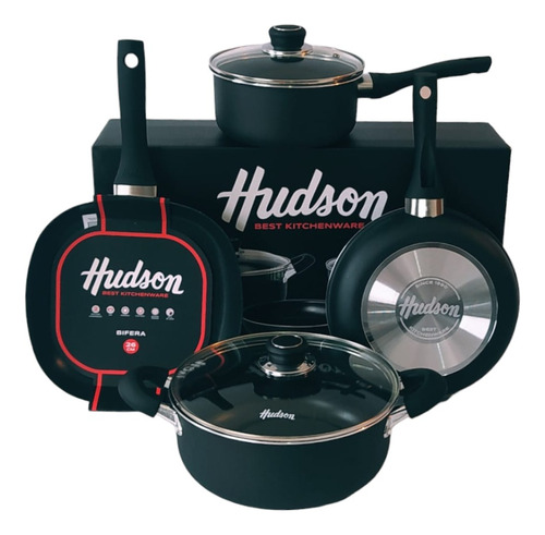 Set Bateria Juego Ollas Hudson Teflon Negro Bifera 4pz