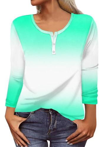 Camisa Manga Larga Para Mujer Holgada Henley Lindo Boton