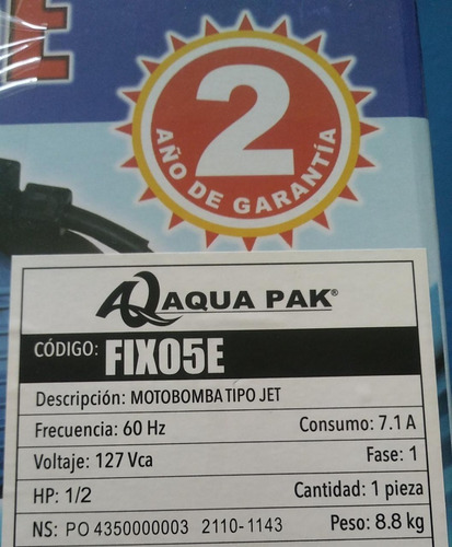 Bomba Centrifuga Tipo Jet Aqua Pak Modelo Fix .5 Hp