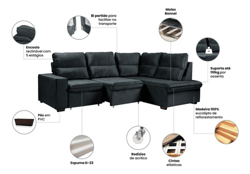 Sofá Com Chaise Retrátil Reclinável Assento Com Molas Bonnel