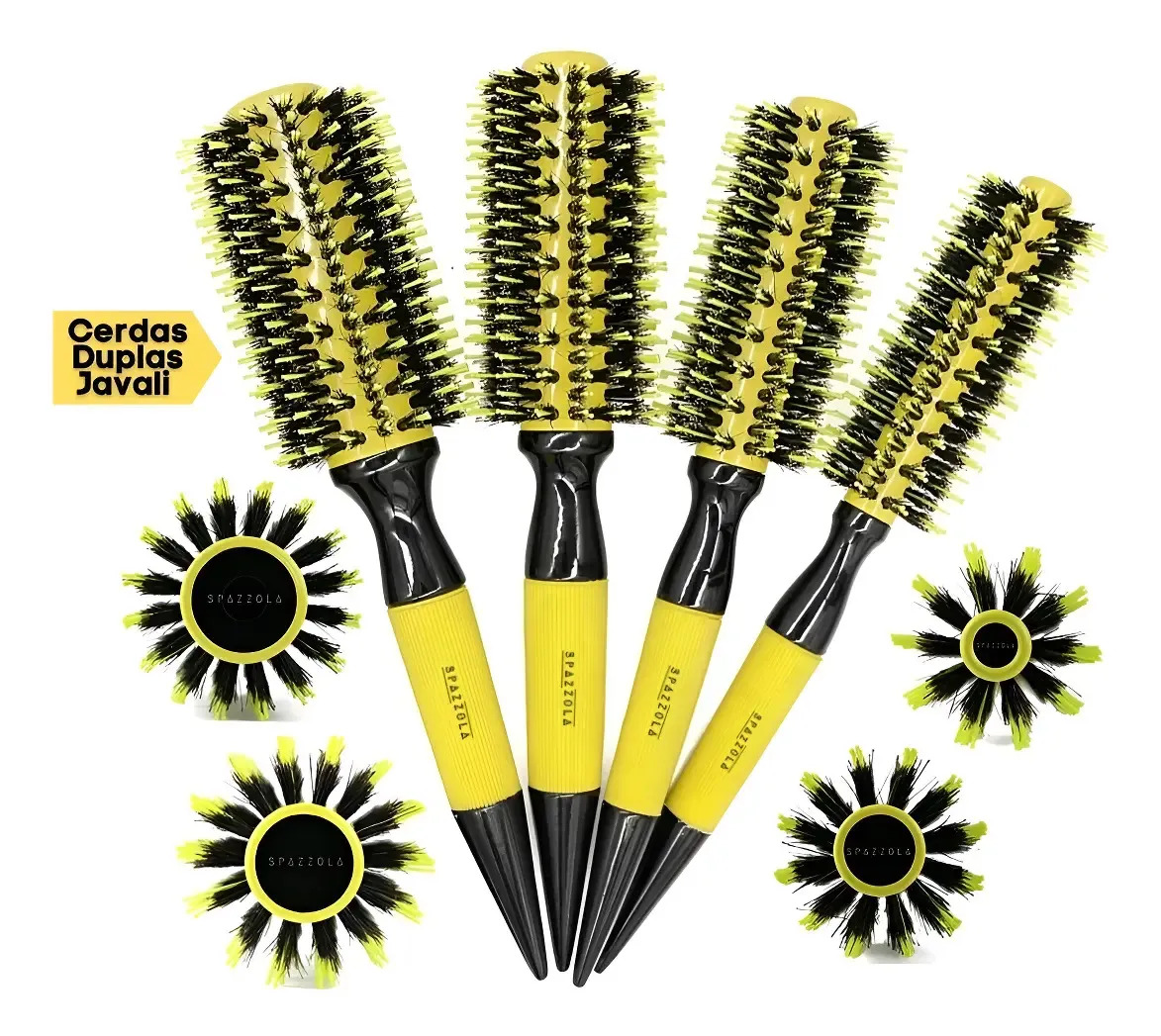 Kit 4 Escova De Cabelo Cerda De Javali Profissional P/m/m/m Cor Amarelo