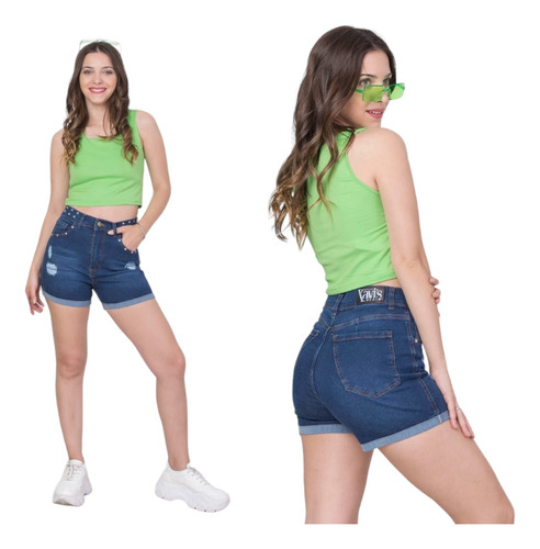 Short Con Tachas Jeans Elastizado Tiro Alto Mujer Moda