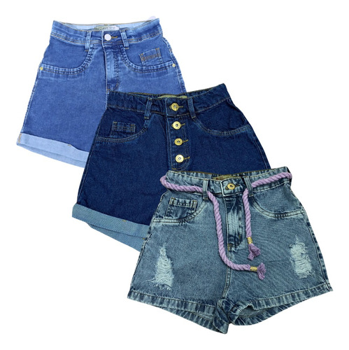 Short Brim Jeans Cintura Alta Hot Pants Coloridos Kit C/3