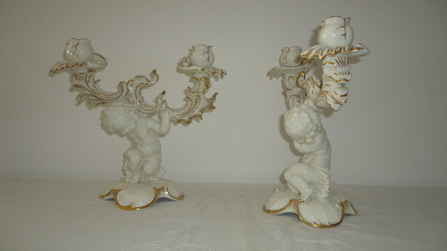 Raro Candelabro Aleman Rococo Muy Antiguo Con Querubin Vealo (Usado)