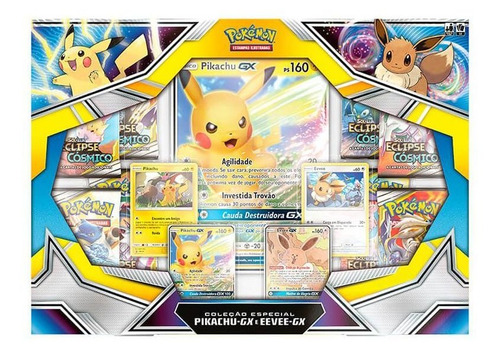 Box Pokémon Tcg Pikachu Gx E Eevee Gx Com Carta Grande
