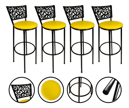 Kit 4 Banquetas Redondas Bistrô Altas Bar Bancada Lanchonete Acabamento Da Estrutura R-a-l4 Cor Amarelo