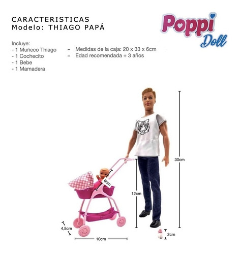 Muñeco Thiago Papá Con Bebe Cochecito Y Mamadera Poppi Doll