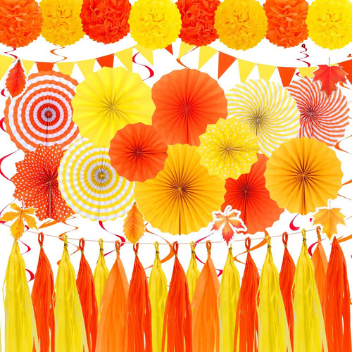 Decoracion Fiesta Otoño Abanico Papel Colgante Naranja