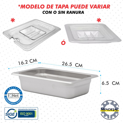 Charola Tina Seis Insertos 1/4 Ensaladera Salsera Acero Inox Color Gris