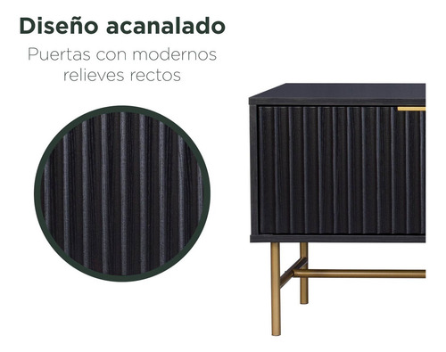 Mueble Rack De Tv Acanalado Top Living Relan Queens Centro de Entretenimiento Con Puertas Color Negro y Dorado