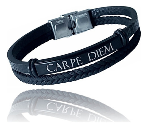 Brazalete Negro Grabado Carpe Diem Cuero Y Acero Inox