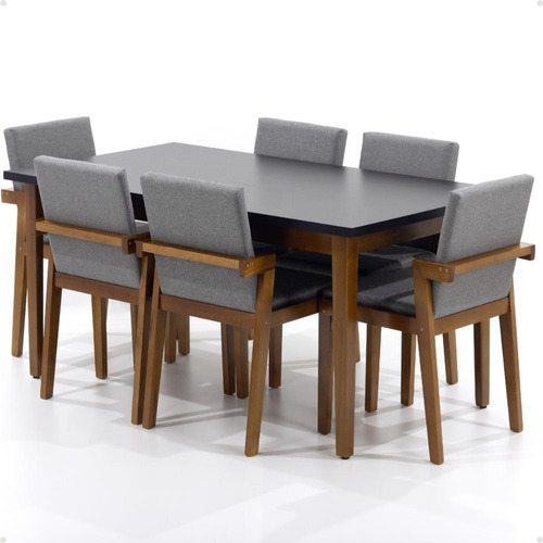 Mesa De Jantar Luiza 160cm Preta Com 6 Cadeiras Estofadas Cor Cinza