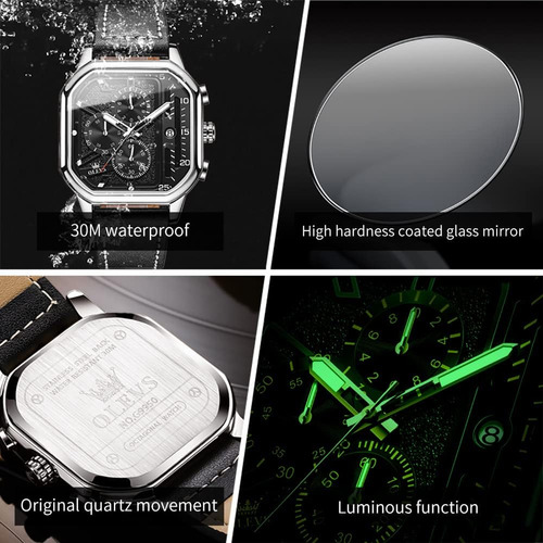 Olevs Relojes Cuadrados Para Hombres Cronógrafo De Cuero Mod