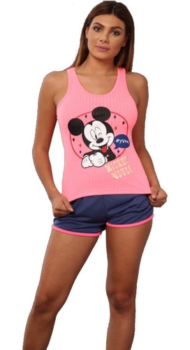 Pijama Dama Mickey Minnie Disney Playera Short Neon 8072