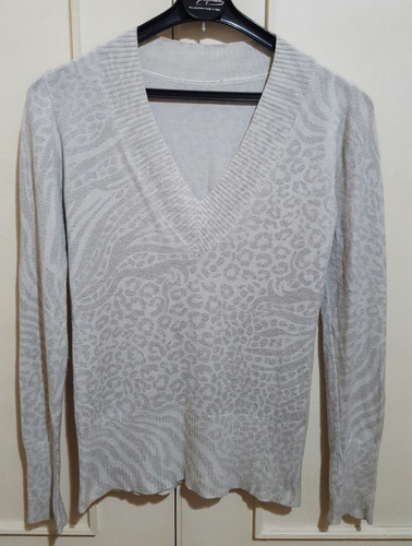 Sweater De Lana, Color Gris Y Blanco, Escote En V, Talle M