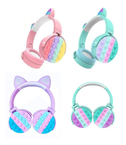 Auricular Inalambrico Orejita Gato Luz Rgb Pop It Bluetooth Color Celeste