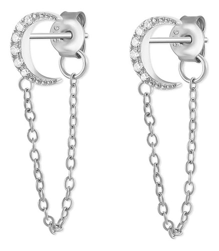 Aretes Colgantes Plata 925 Con Cadena Luna Para Mujeres Adol