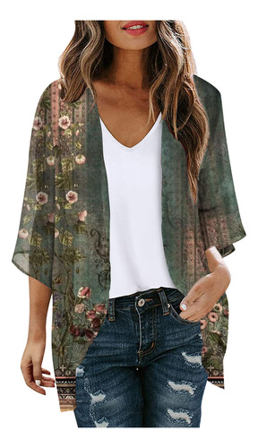 Cárdigan Tipo Kimono Holgado Con Estampado Floral Y Mangas A