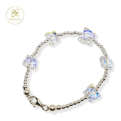 Pulsera Plata Con 5 Mariposas Cristal Swa Aurora Boreal