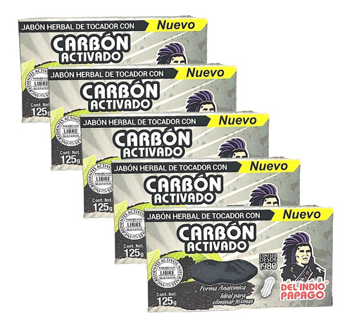 Jabón Facial Carbón Activado Del Indio Papago 125g Pack 5 