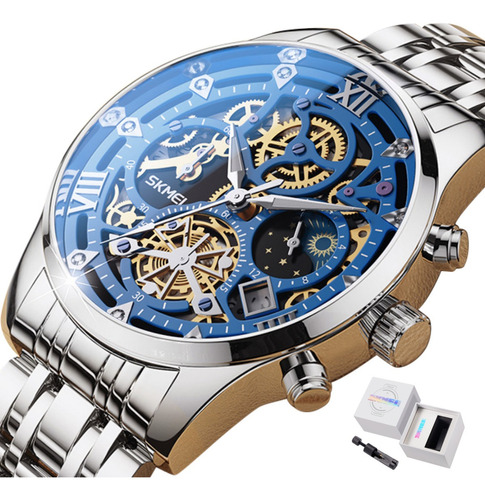 Reloj pulsera Skmei 7039 color plateado - fondo azul/negro