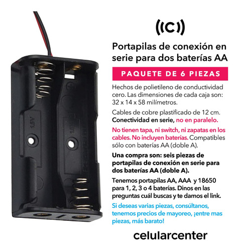 Paquete 6pz Portapila Aa 2 Baterias En Serie | Soporte Pilas