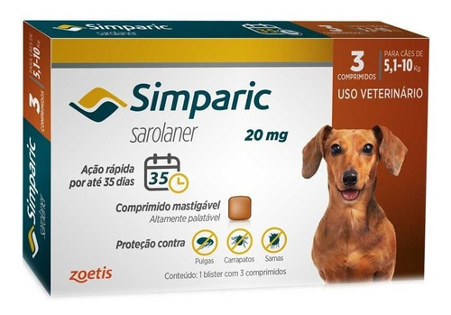 Antipulgas Simparic 20 Mg 5,1 A 10 Kg Com 3 Comprimidos /ful