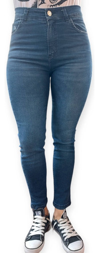 Jeans Mujer Azul Oscuro Elastizado Chupin Tiro Alto