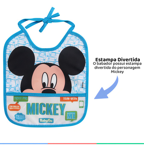 Babador Bebê Com Bolso Pega Migalhas Azul Mickey Baby Go Mickey Mouse