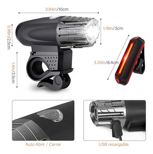 Kit de luz de bicicleta dianteira e traseira recarregável de 4 modos, cor preta