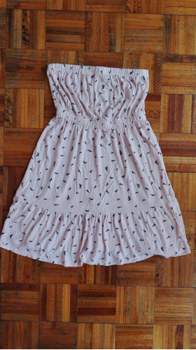 Vestido Corto Informal Verano Strapless Rosa Con Pajaritos