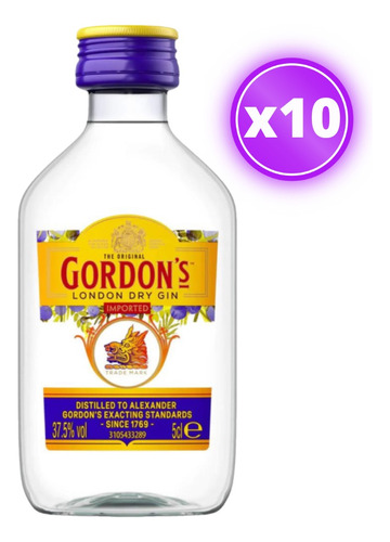 10x Miniatura Gin Gordons London Dry 50ml (plástico)