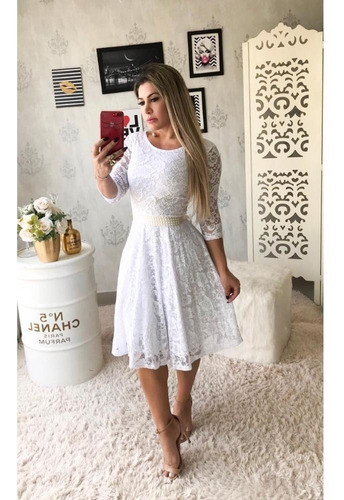 Vestido Midi Curto Branco De Noiva Casamento Civil Renda Babado Manga Longa  | islamiyyat.com