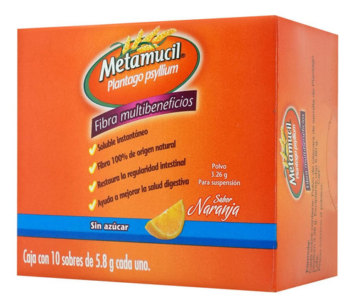 Metamucil Polvo Sabor Naranja Sobres, 10 Sobres 5,8 G Pack 2