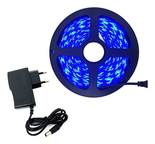 Fita Led Azul 3528 Rolo 5m 300 Leds Dupla Face + Fonte