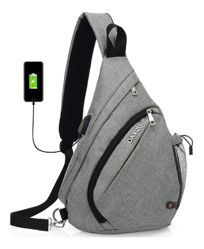 Mochila Transversal Pequena  Entrada Usb Masculina Feminina Cor Cinza