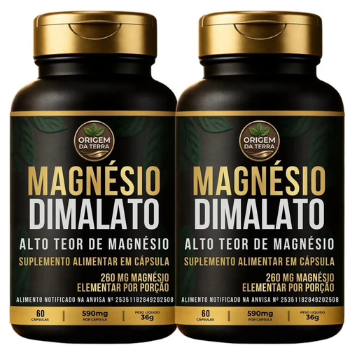 Magnésio Dimalato 590mg 260mg Magnésio Elementar 2x 60 Cápsulas Alto Teor de Magnésio Origem da terra