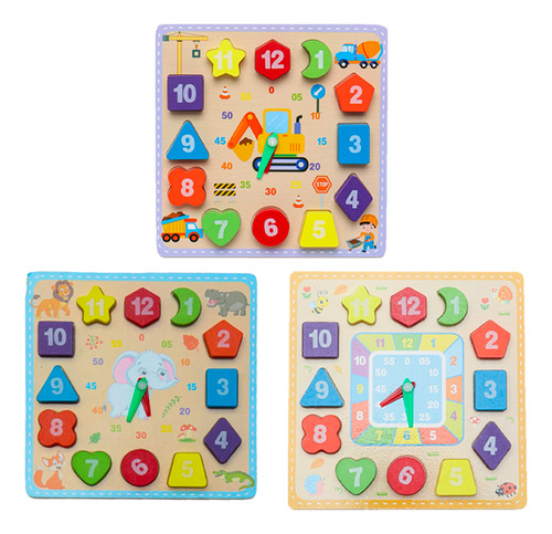 Juguete Reloj De Madera Encaje Educativo Numeros Niños 3 Pzs Color Diseño Al Azar
