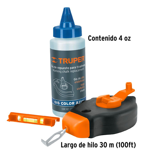 Tiralíneas Gis Color Azul 30m Y Mini Nivel Truper